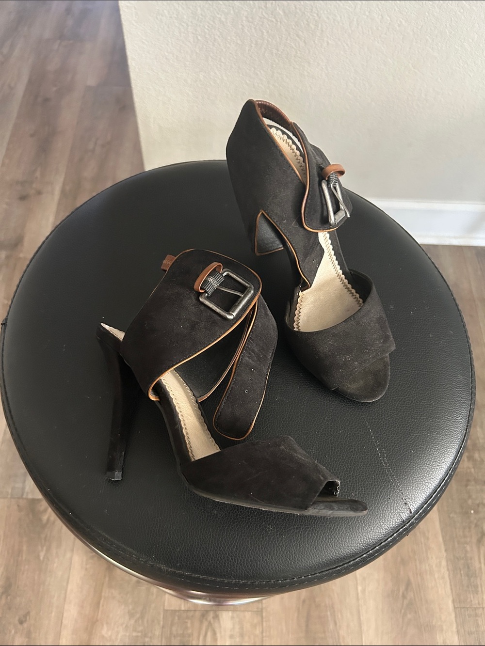 MIA Black Suede Open-Toe High Heels with Buckle Accent